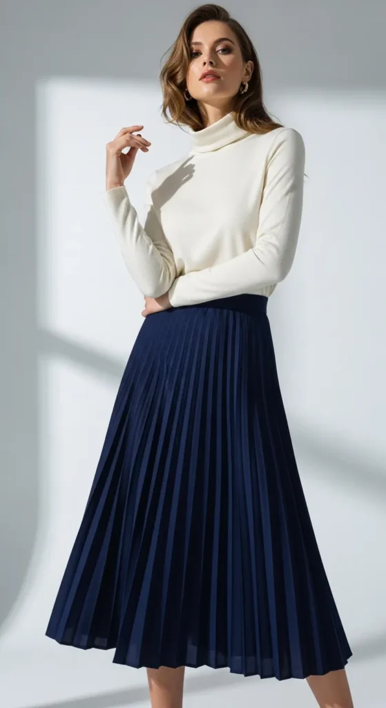turtleneck-tops-pleated-skirts
