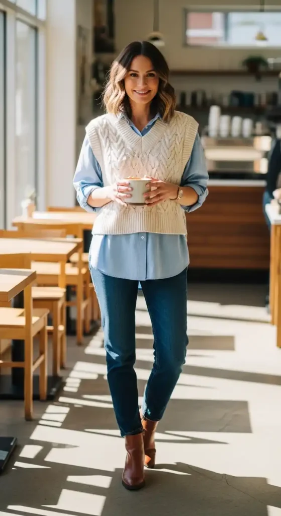 20 Comfortable, Casual, and Cozy Outfits for Women This Season 13 button-up-shirt-with-knit-vest