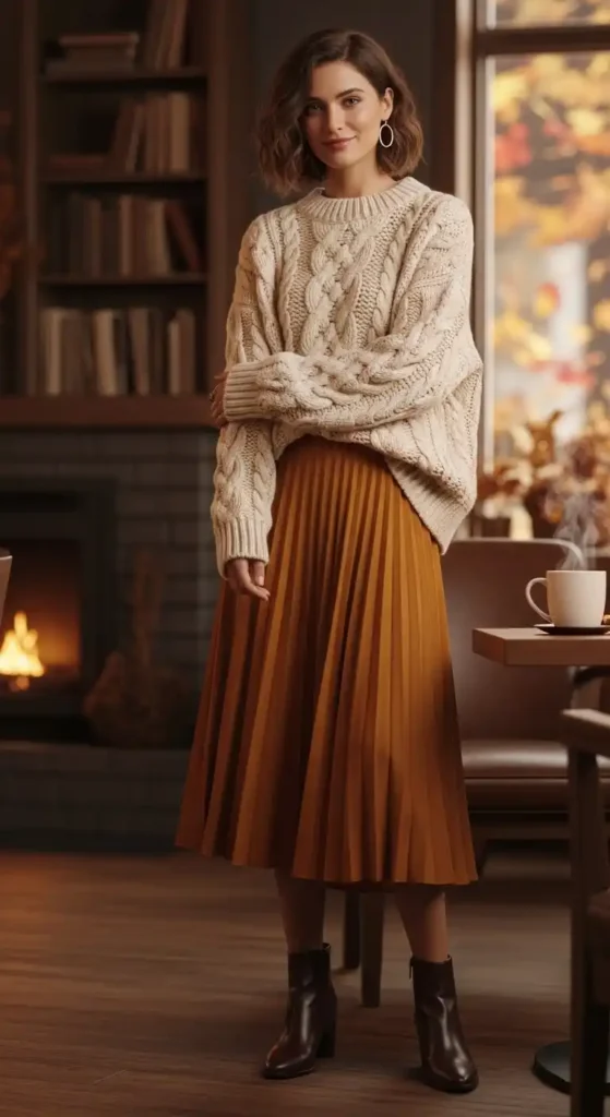 20 Comfortable, Casual, and Cozy Outfits for Women This Season 20 chunky-knit-sweater-with-midi-skirt