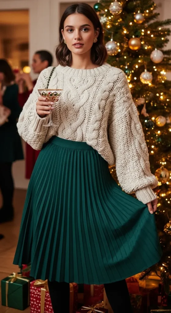 chunky-knit-sweater-pleated-skirt