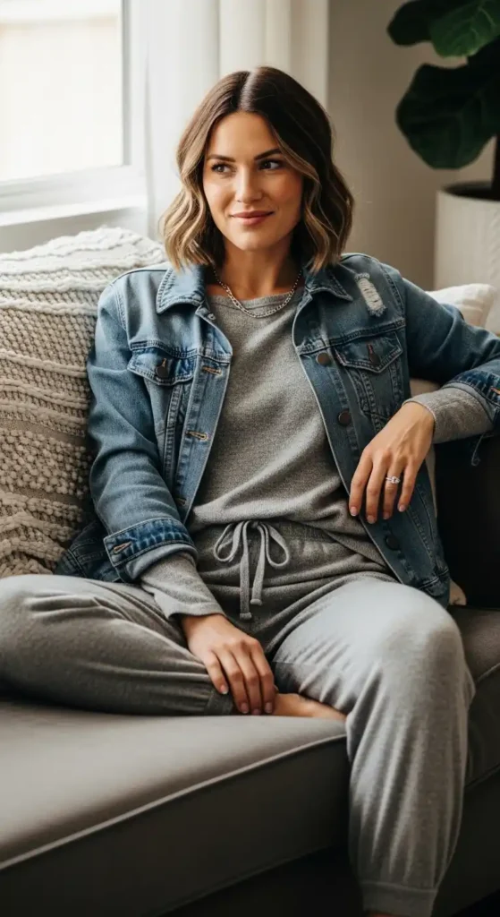 20 Comfortable, Casual, and Cozy Outfits for Women This Season 9 denim-jacket-with-lounge-set