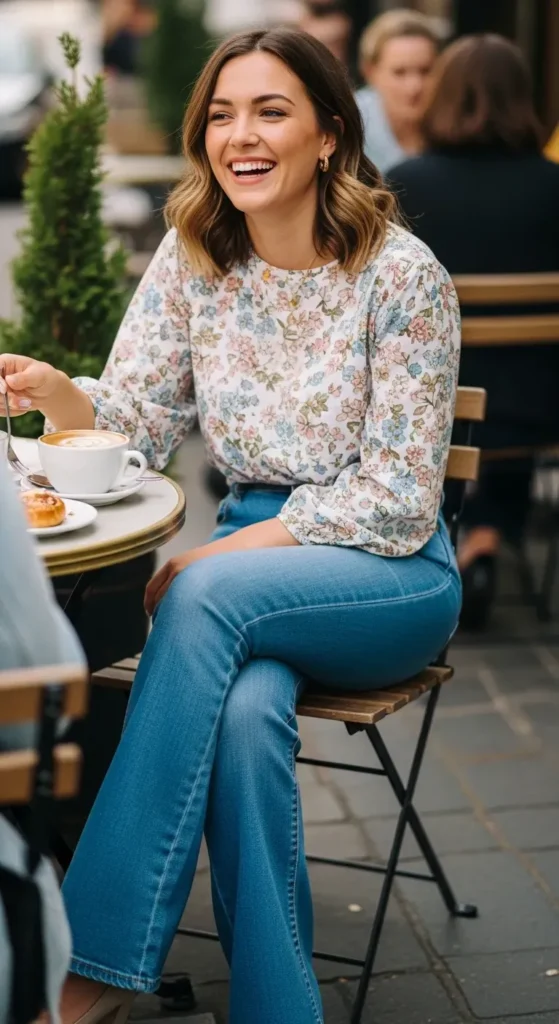 floral-blouse-flared-jeans