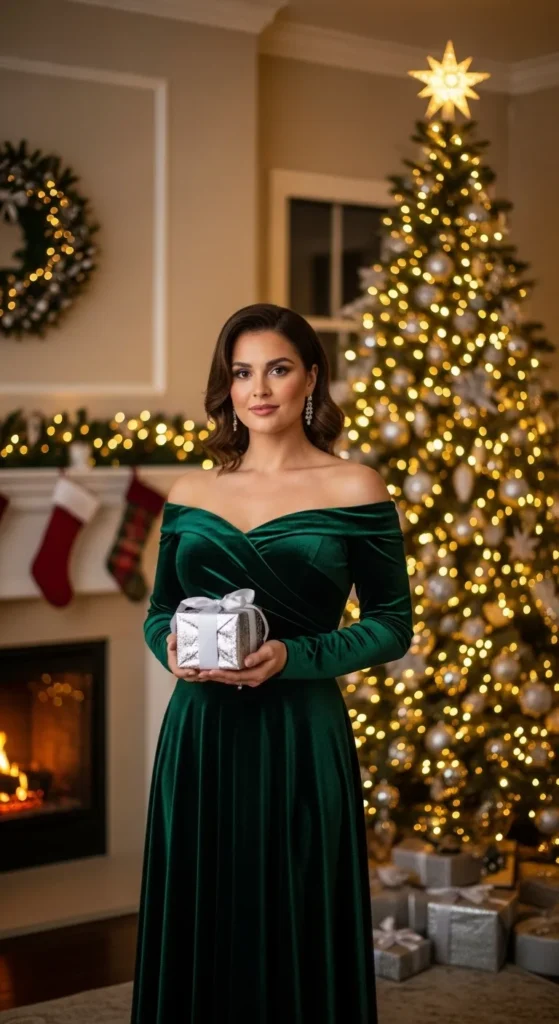 green-off-shoulder-velvet-dress