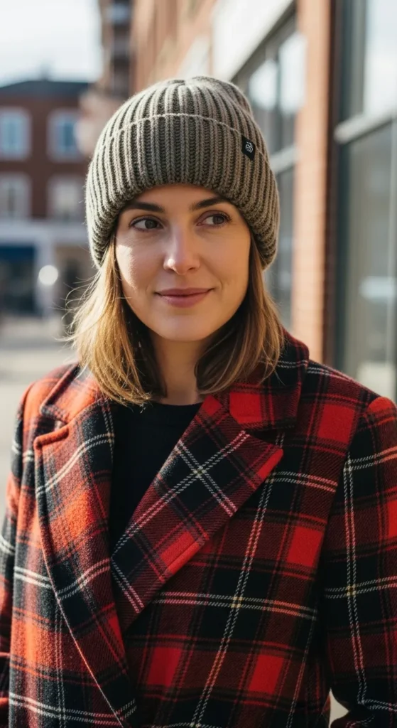 plaid-coat-and-knit-beanie