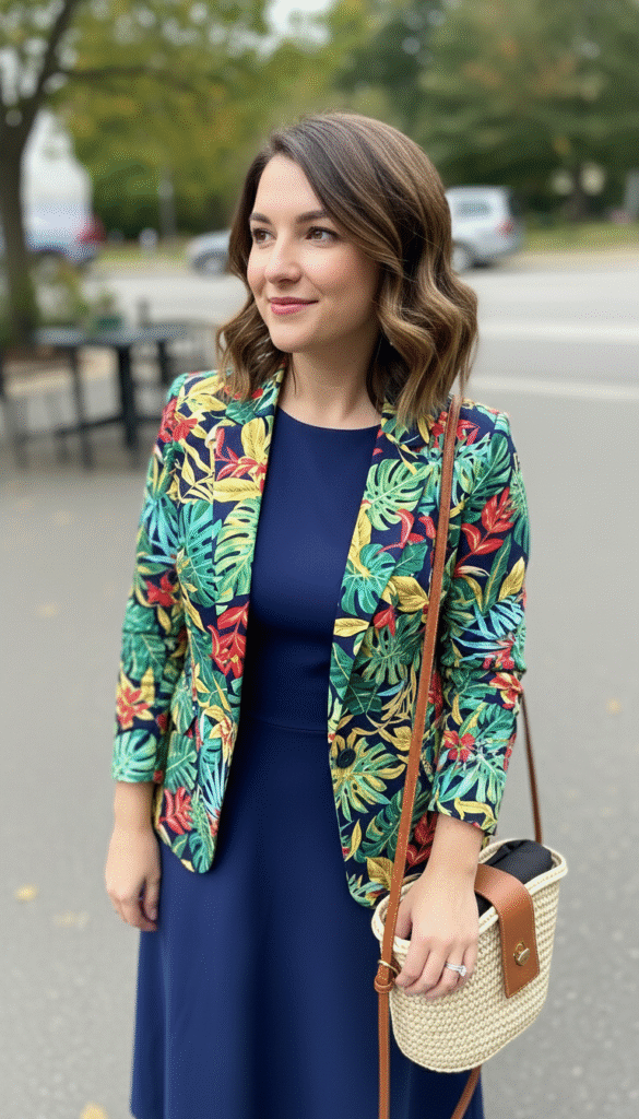 printed-blazer-with-solid-midi-dress
