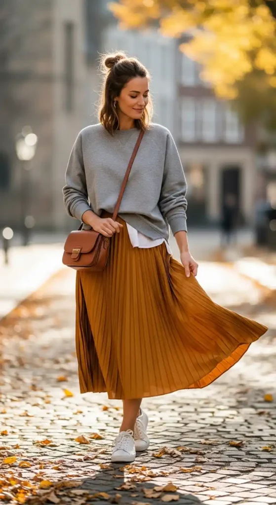 20 Comfortable, Casual, and Cozy Outfits for Women This Season 16 sweatshirt-with-pleated-skirt