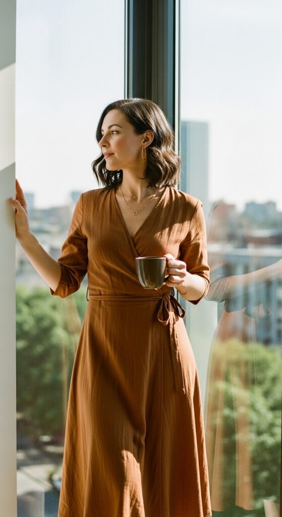 wrap-dress-with-minimal-jewelry
