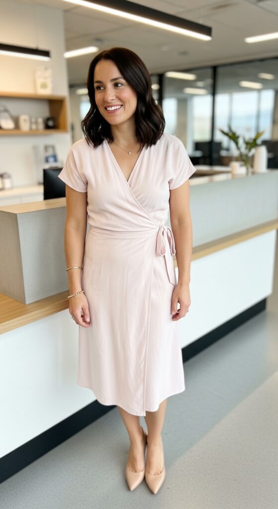 wrap-dress-with-neutral-accessories