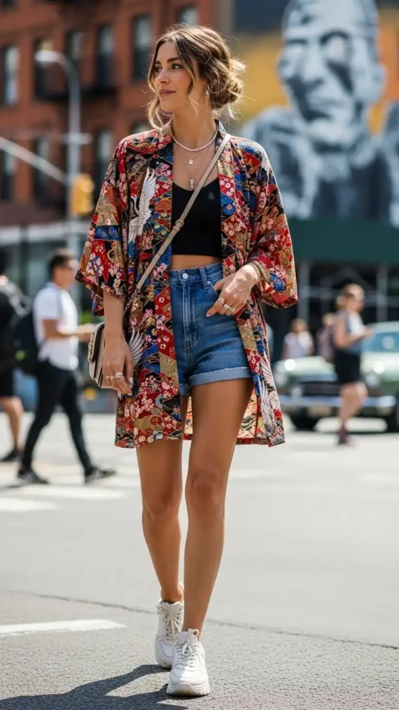 kimono-jacket-with-denim-shorts