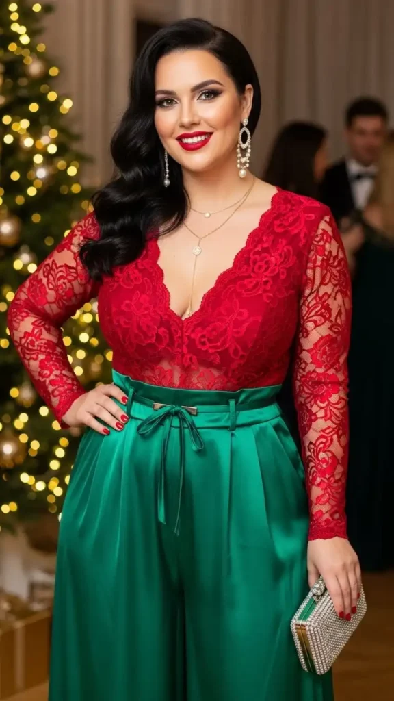 15+ Chic Curvy Christmas Party Outfits for Every Holiday Event 8 lace-bodysuit-with-high-waisted-palazzo-pants