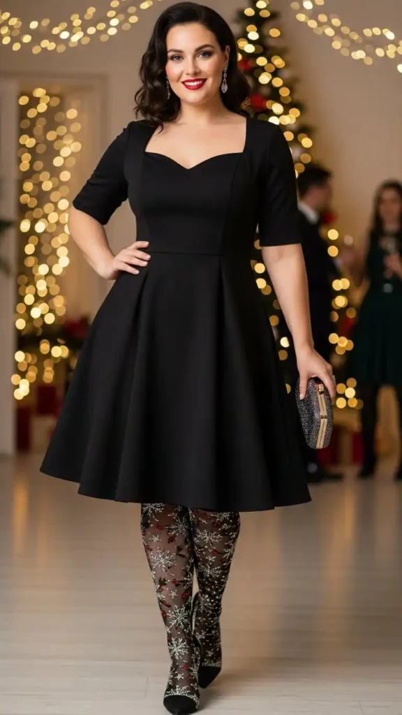 15+ Chic Curvy Christmas Party Outfits for Every Holiday Event 7 little-black-dress-with-statement-tights