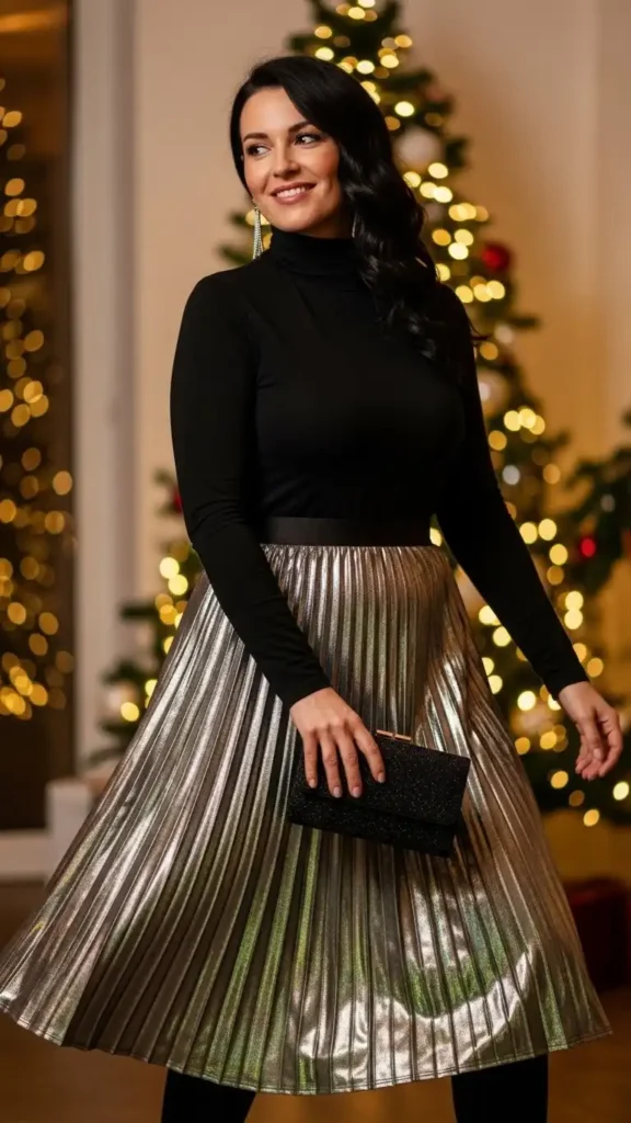 15+ Chic Curvy Christmas Party Outfits for Every Holiday Event 11 metallic-skirt-with-fitted-turtleneck