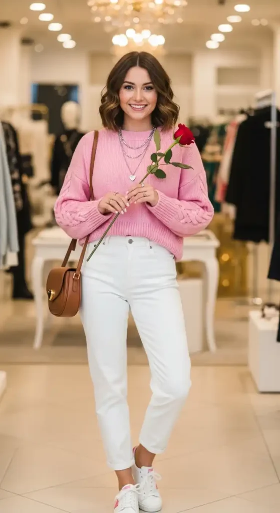 15 Stunning Valentine’s Day Outfit Ideas for Every Style 3 pink-sweater-and-white-jeans