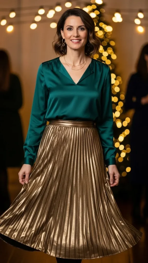 pleated-metallic-skirt-with-a-classic-blouse