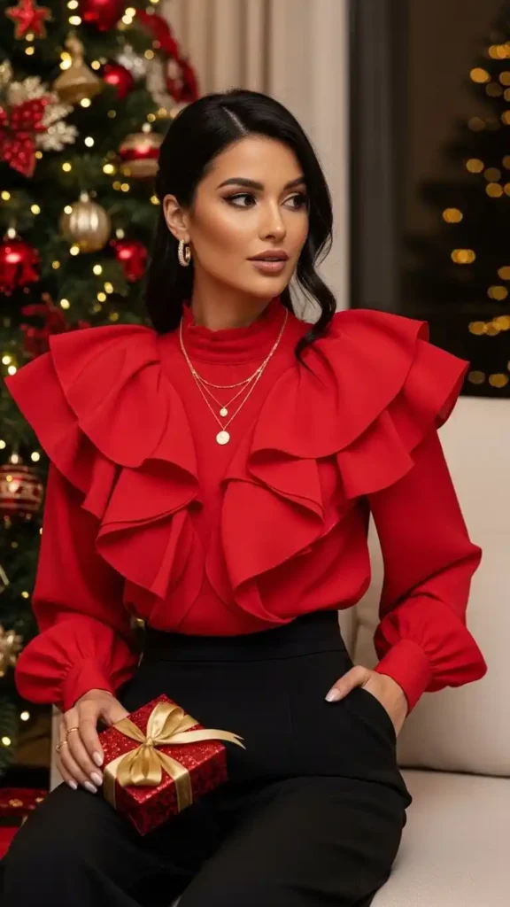 red-statement-blouse-with-black-palazzo-pants