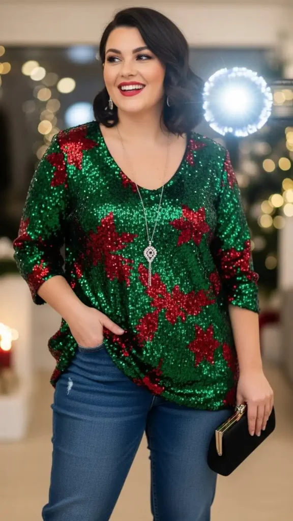 15+ Chic Curvy Christmas Party Outfits for Every Holiday Event 13 sequin-top-with-dark-straight-leg-jeans