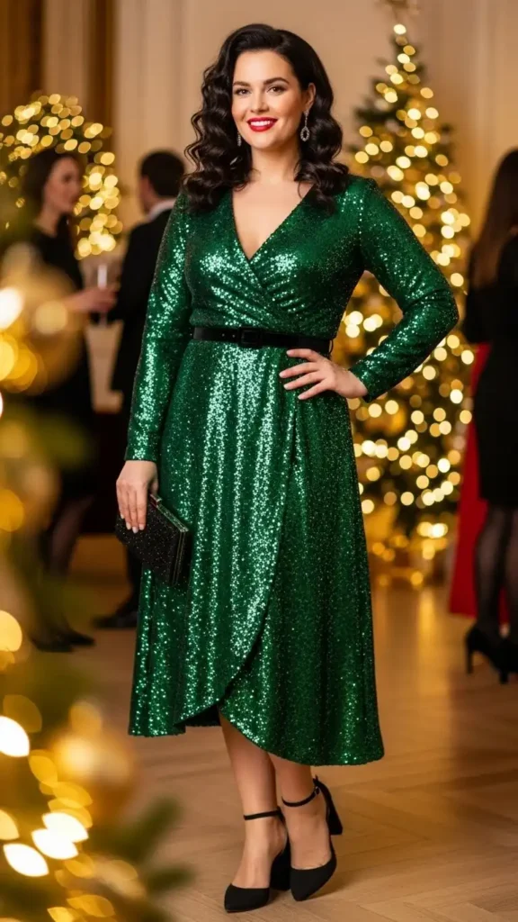 15+ Chic Curvy Christmas Party Outfits for Every Holiday Event 2 sequin-wrap-midi-dress-with-block-heels