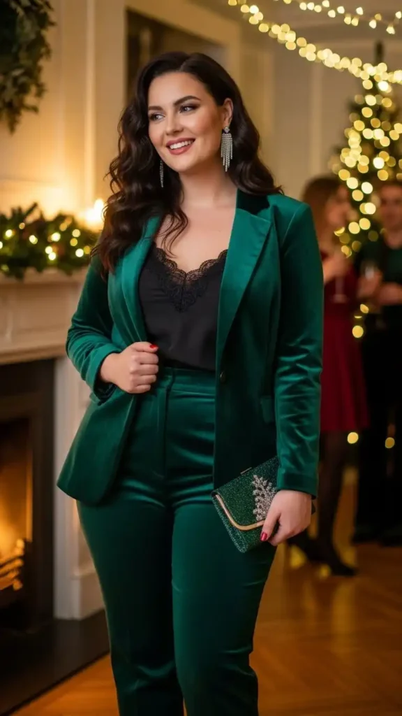 15+ Chic Curvy Christmas Party Outfits for Every Holiday Event 3 velvet-blazer-with-tailored-trousers-and-lace-camisole