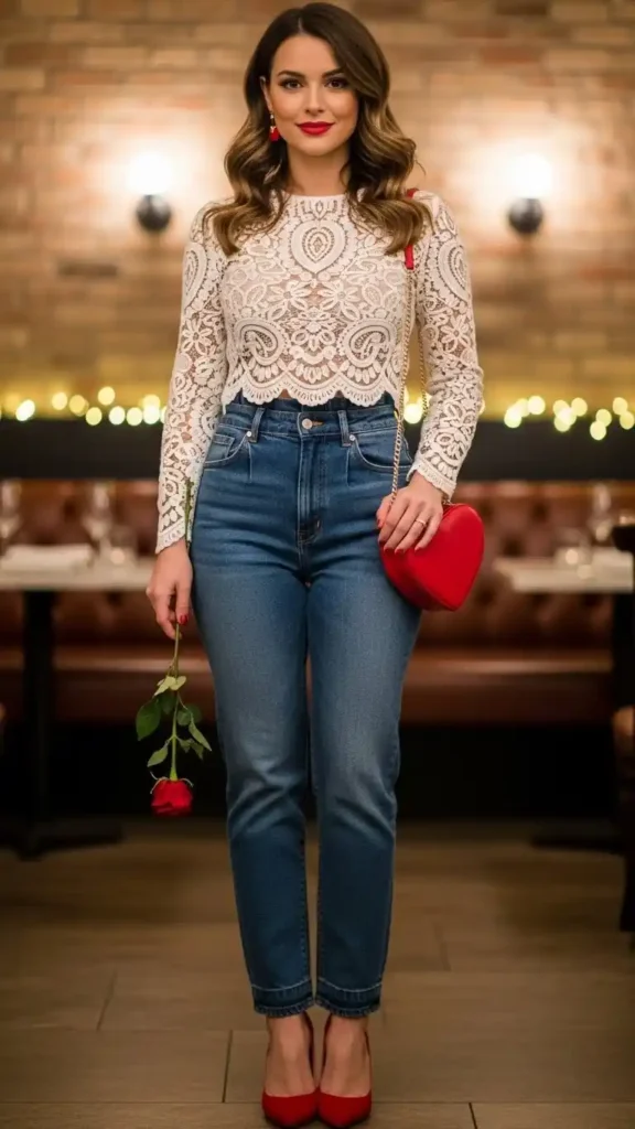15 Stunning Valentine’s Day Outfit Ideas for Every Style 15 lace-top-with-high-waist-jeans
