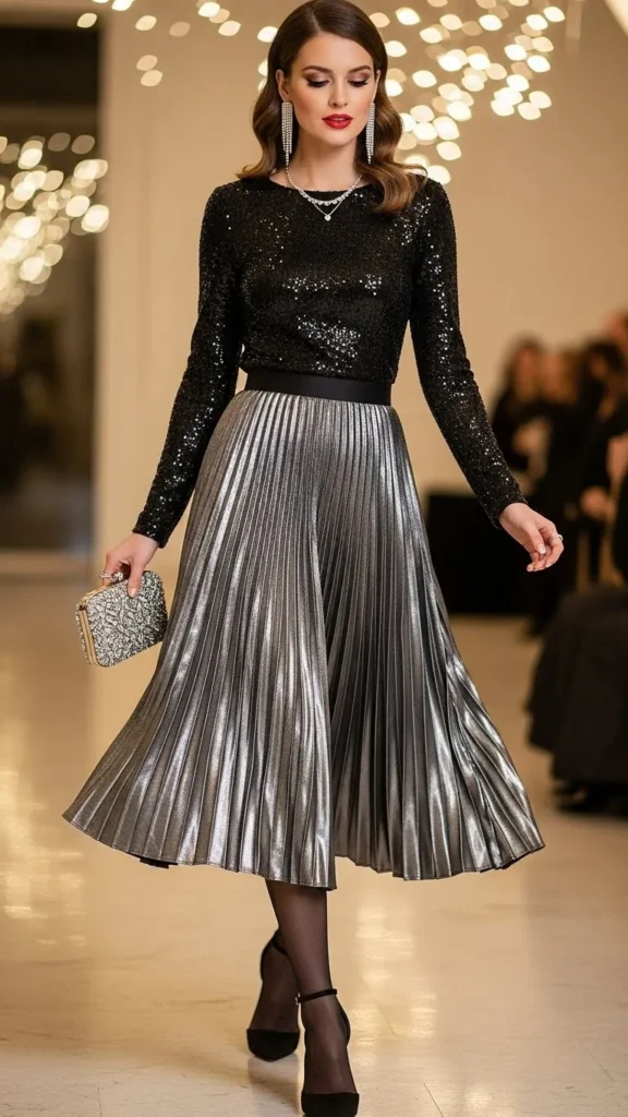 metallic-pleated-midi-skirt-styling