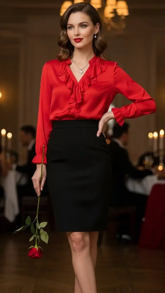 15 Stunning Valentine’s Day Outfit Ideas for Every Style 5 red-blouse-with-black-skirt