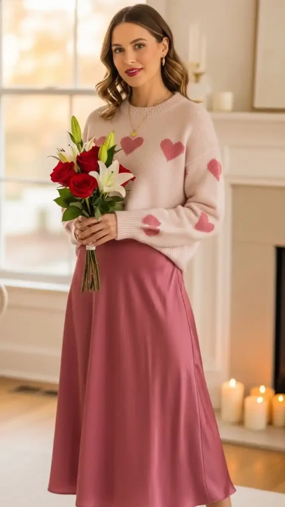 15 Stunning Valentine’s Day Outfit Ideas for Every Style 13 satin-skirt-with-sweater