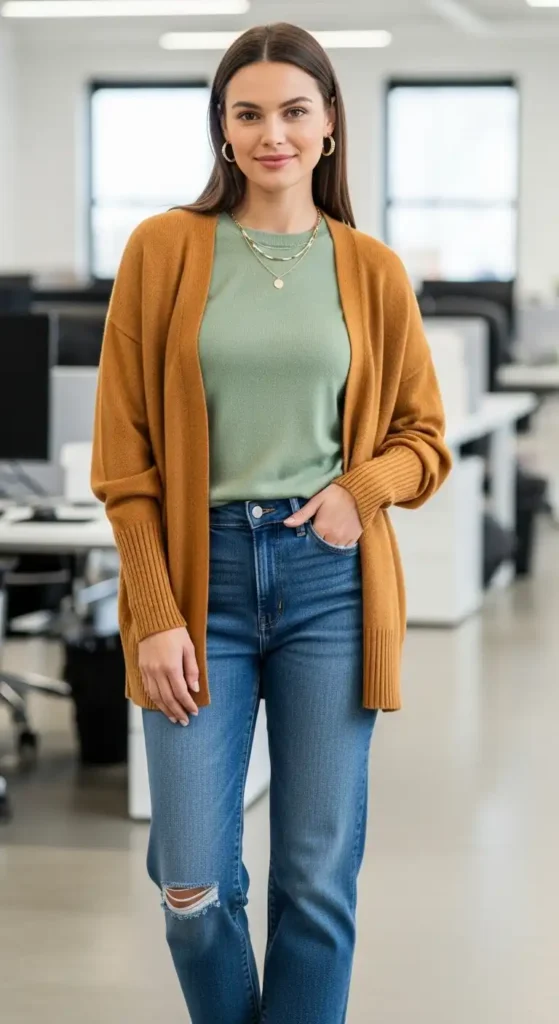 20+ Casual Office Outfit Ideas for Workdays and Everyday Style 12 cardigan-twinset-and-straight-leg-jeans