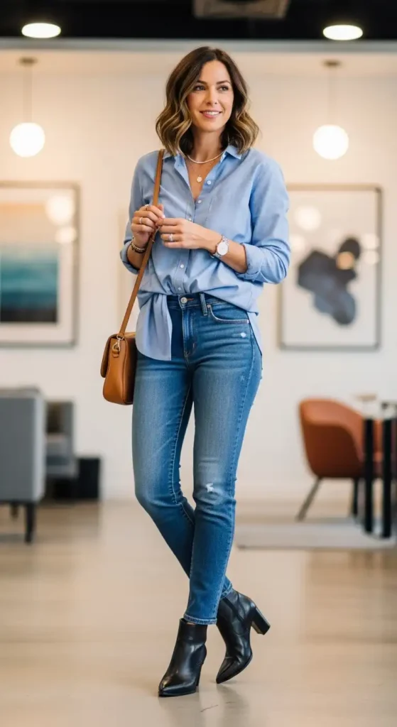 20+ Casual Office Outfit Ideas for Workdays and Everyday Style 15 casual-friday-denim-and-crisp-button-up