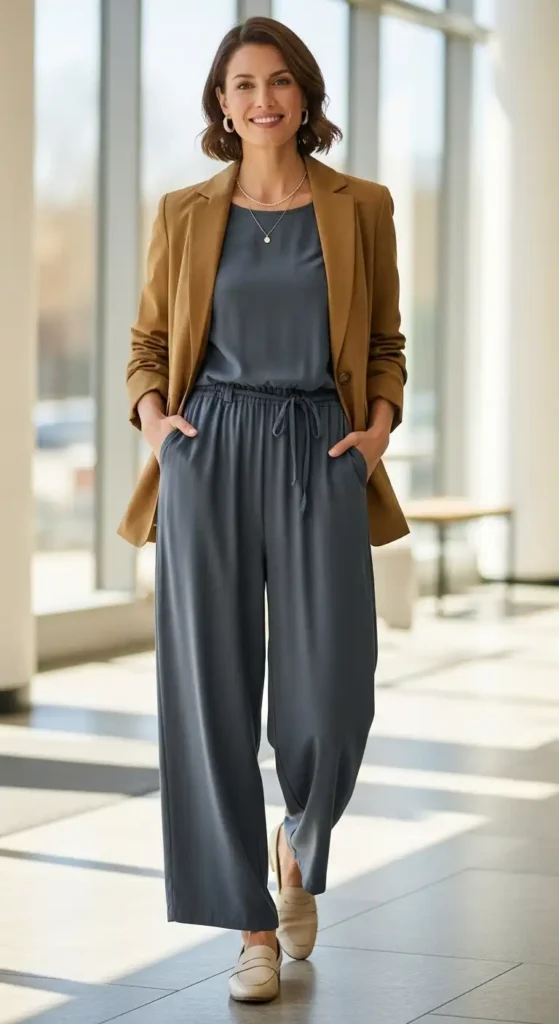 20+ Casual Office Outfit Ideas for Workdays and Everyday Style 18 effortless-jumpsuit-with-tailored-jacket