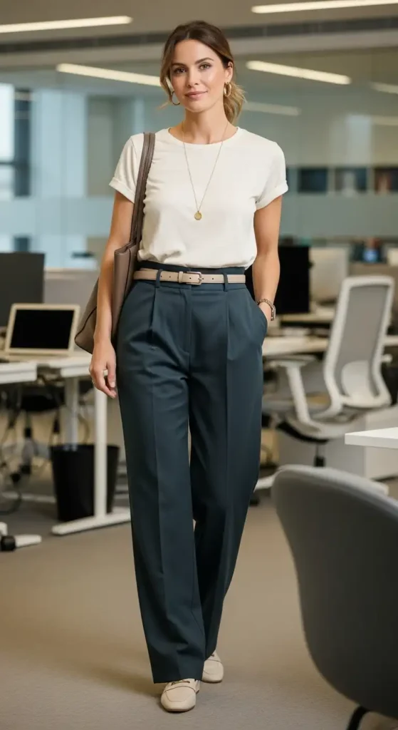 20+ Casual Office Outfit Ideas for Workdays and Everyday Style 20 elevated-tee-and-wide-leg-pants