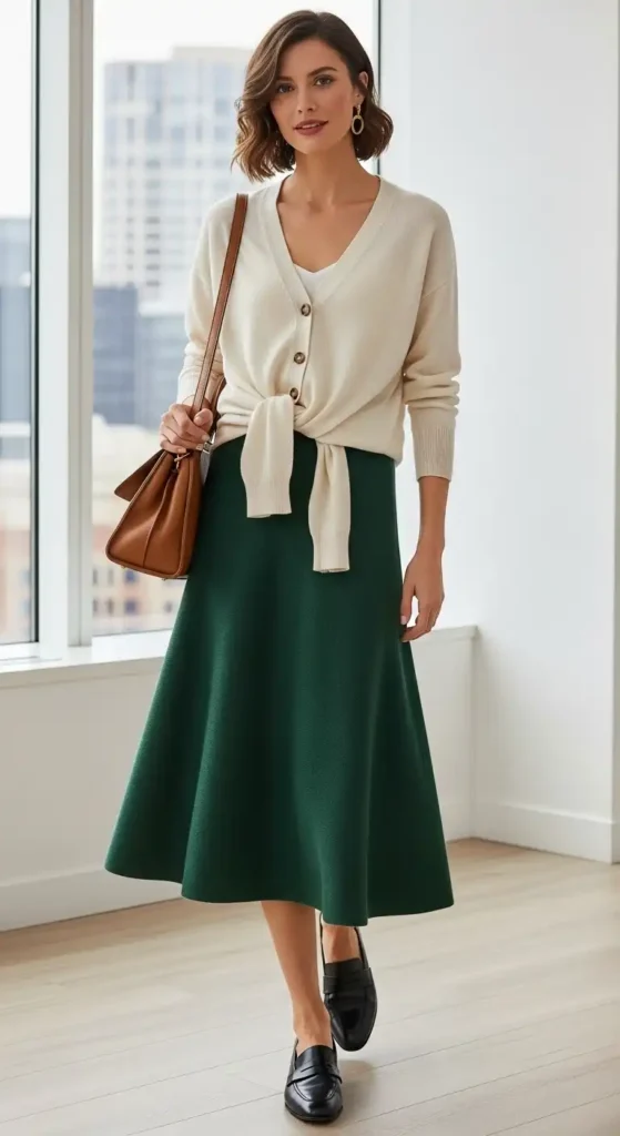 20+ Casual Office Outfit Ideas for Workdays and Everyday Style 19 knit-midi-skirt-and-buttoned-up-cardigan