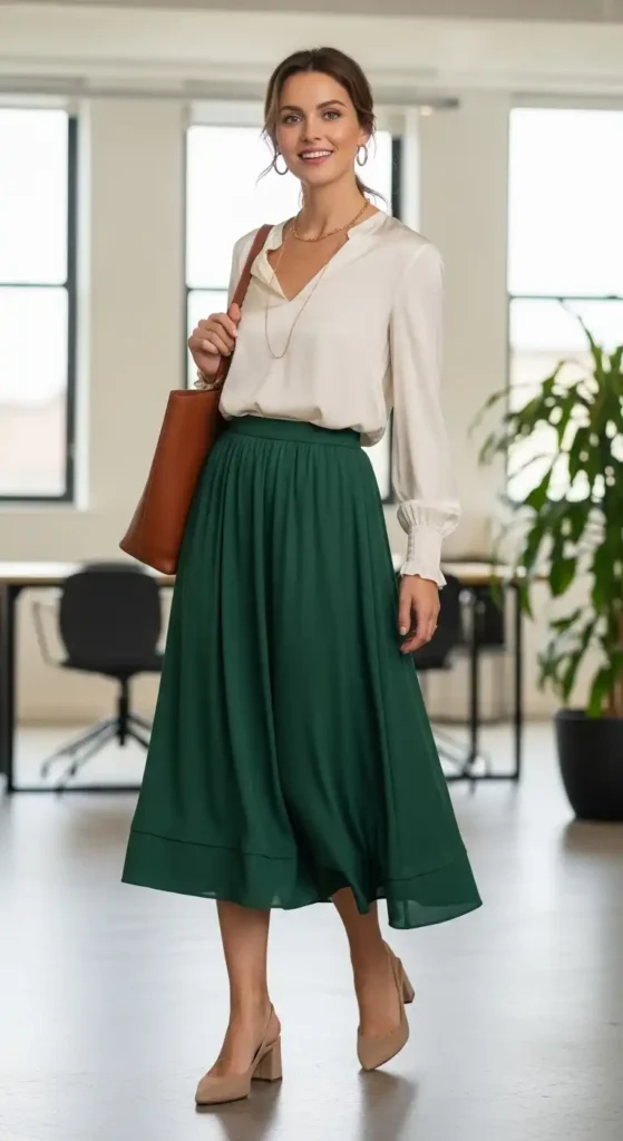 20+ Casual Office Outfit Ideas for Workdays and Everyday Style 6 midi-skirt-and-elevated-blouse