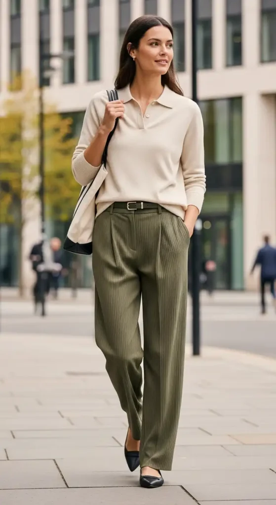 20+ Casual Office Outfit Ideas for Workdays and Everyday Style 11 polo-sweater-and-pleated-pants