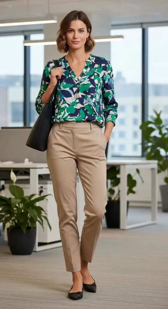 20+ Casual Office Outfit Ideas for Workdays and Everyday Style 8 printed-blouse-and-tapered-chinos
