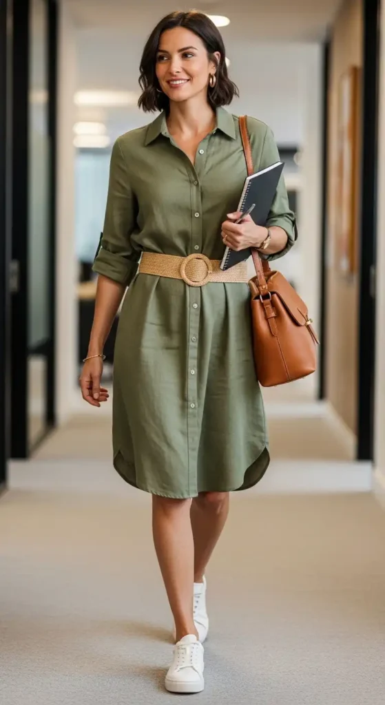 20+ Casual Office Outfit Ideas for Workdays and Everyday Style 4 shirt-dress-with-a-waist-defining-belt
