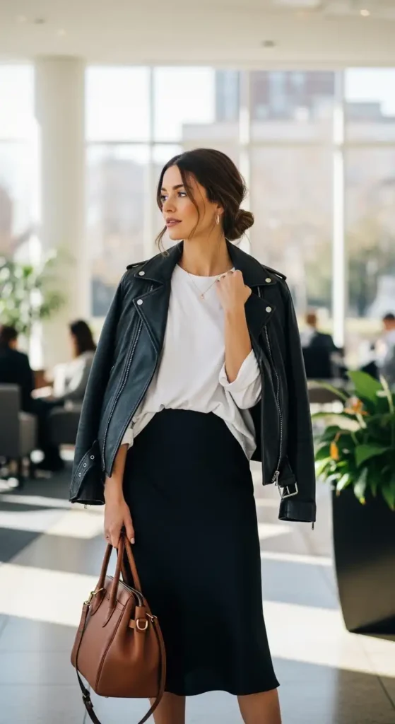 20+ Casual Office Outfit Ideas for Workdays and Everyday Style 14 slip-skirt-relaxed-tee-and-leather-jacket
