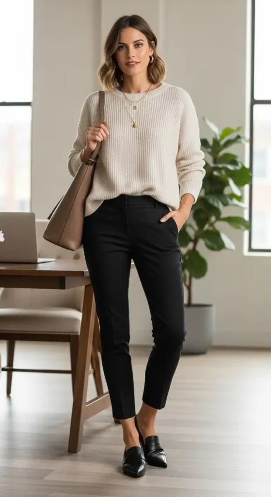 20+ Casual Office Outfit Ideas for Workdays and Everyday Style 3 soft-knit-sweater-and-slim-ankle-pants