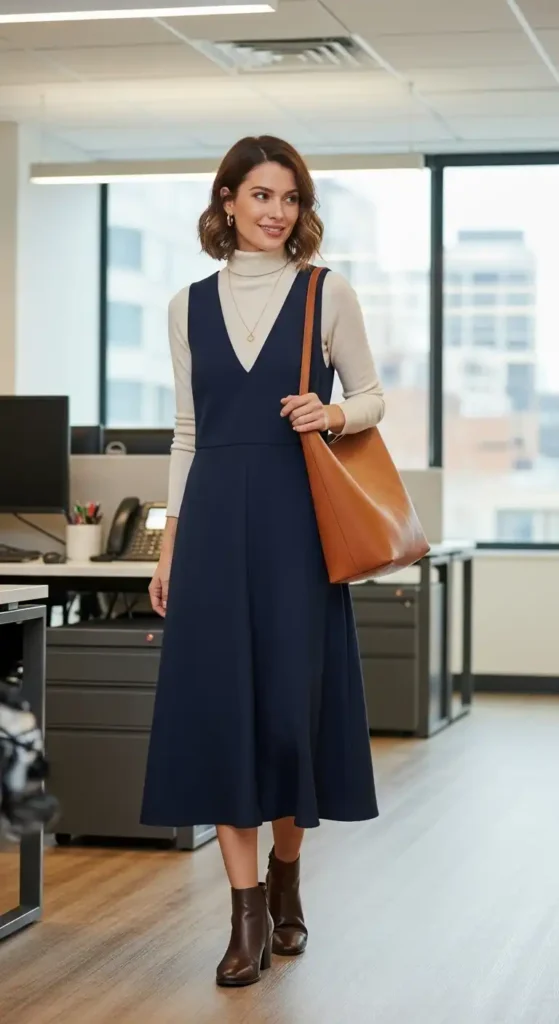 20+ Casual Office Outfit Ideas for Workdays and Everyday Style 17 turtleneck-layered-under-a-sleeveless-dress
