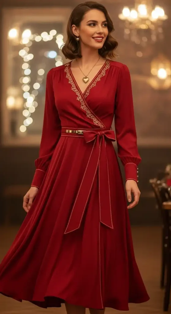 vintage-red-wrap-dress-gold-accessories