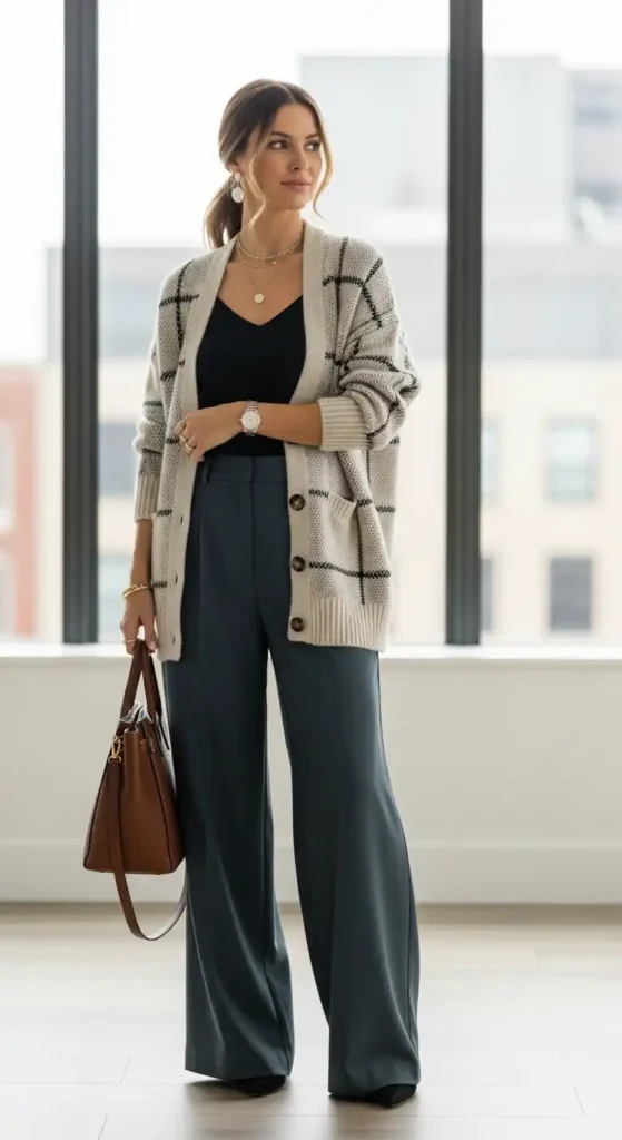 20+ Casual Office Outfit Ideas for Workdays and Everyday Style 5 wide-leg-trousers-and-relaxed-cardigan