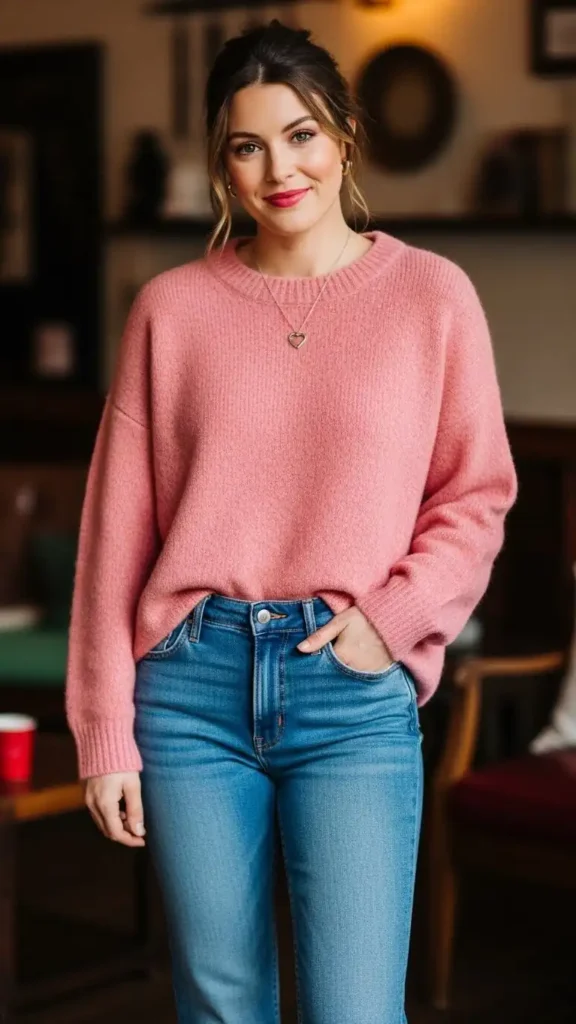 19 Must-Try Latest Casual Valentine’s Day Outfits for Women 2 classic-jeans-and-pink-sweater-combo