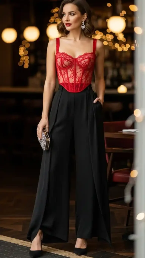 15+ Valentine’s Day Outfits for Date Night That Wow Tonight 15 corset-top-with-wide-trousers