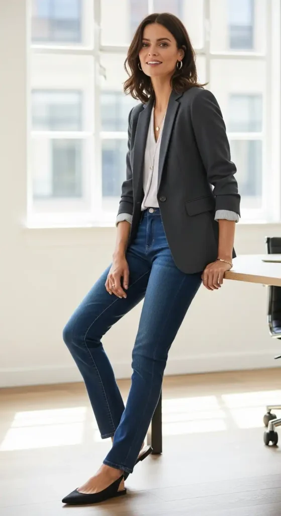 20+ Casual Office Outfit Ideas for Workdays and Everyday Style 2 dark-denim-and-sharp-blazer