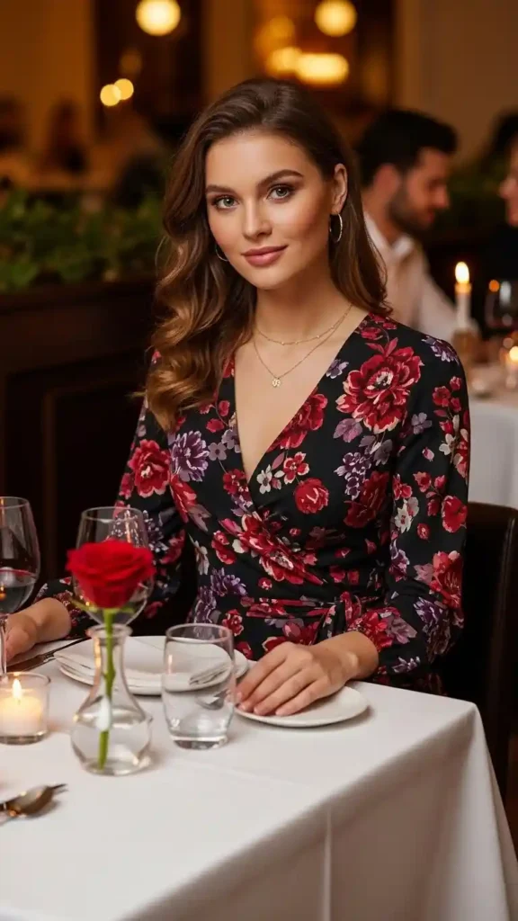 15+ Valentine’s Day Outfits for Date Night That Wow Tonight 13 dark-floral-wrap-dress