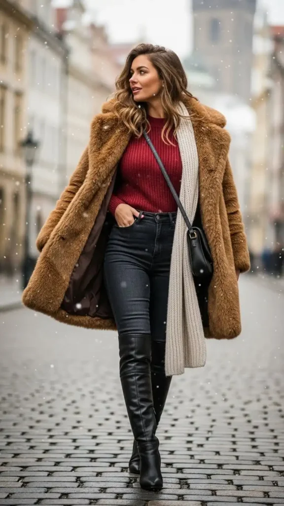 15 Easy Winter Travel Outfit Ideas to Look Chic and Stay Warm 9 faux-fur-coat-with-skinny-sweaters