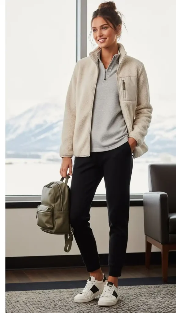 15 Easy Winter Travel Outfit Ideas to Look Chic and Stay Warm 15 fleece-jacket-with-joggers