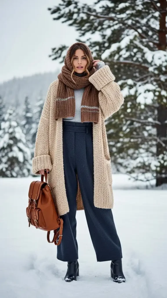 15 Easy Winter Travel Outfit Ideas to Look Chic and Stay Warm 6 fluffy-cardigan-with-wide-leg-pants