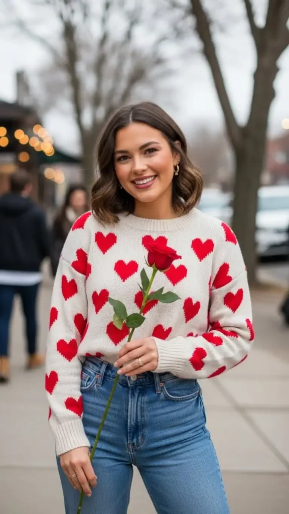 19 Must-Try Latest Casual Valentine’s Day Outfits for Women 17 heart-print-sweater-and-straight-jeans