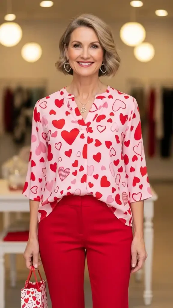 heart-shift-blouse-and-red-pants