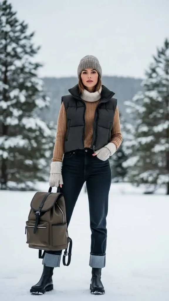15 Easy Winter Travel Outfit Ideas to Look Chic and Stay Warm 16 layered-turtlenecks-with-puffer-vest.